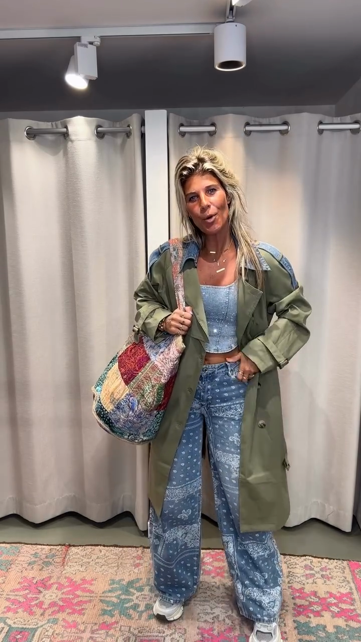 Olive Green Trench Coat with Denim Accents