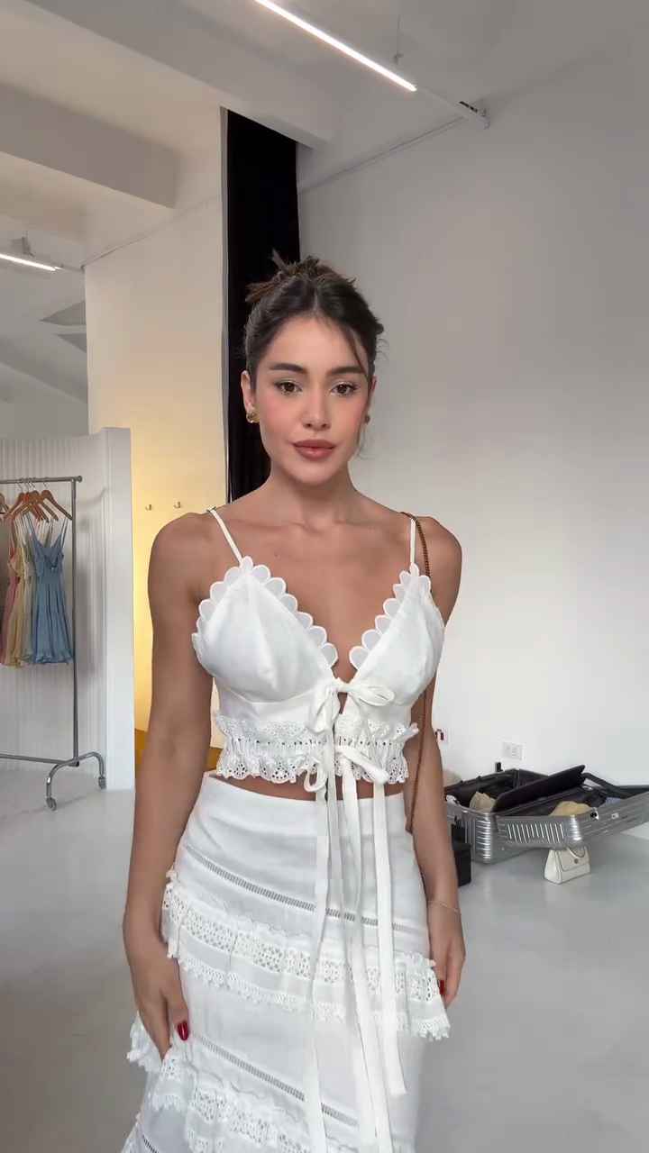 White Lace - Trimmed Crop Top and Tiered Skirt Set