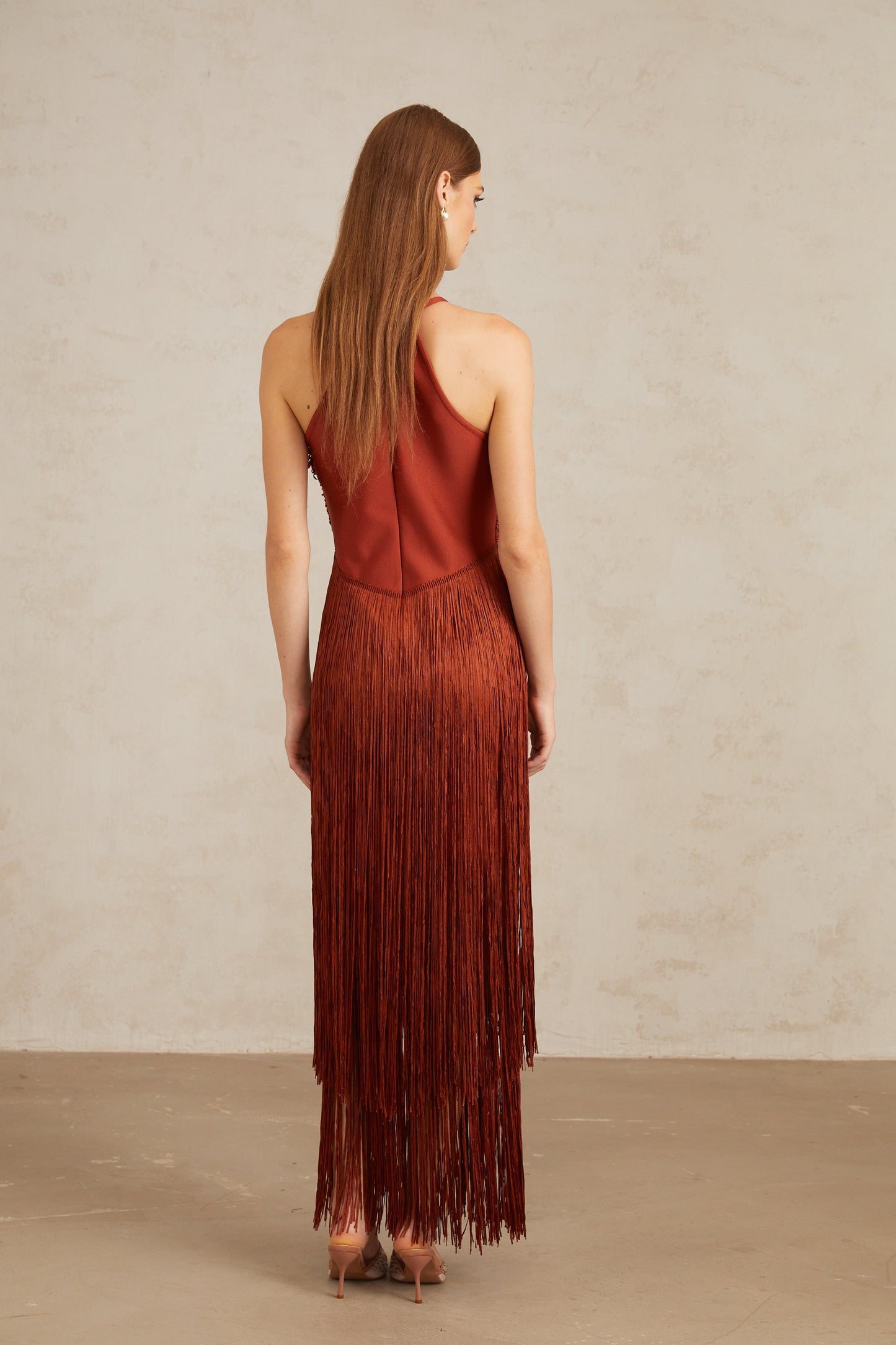 Reddish - Brown Halter Fringe Maxi Dress