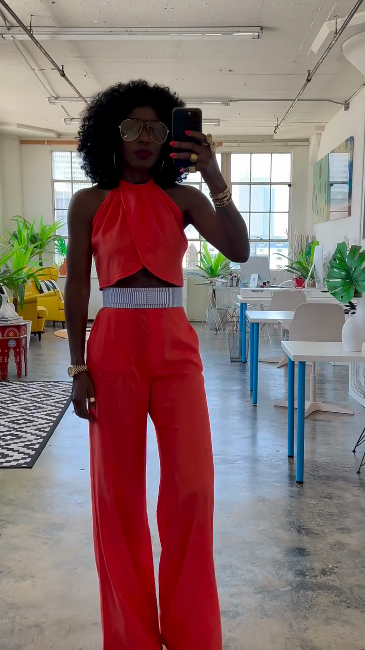 Red Halter Crop Top and Wide - leg Pants Set