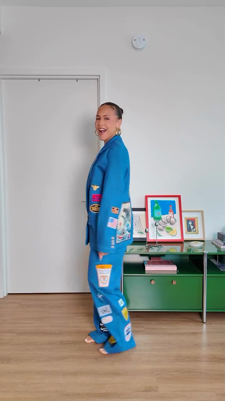 Patched Denim Blazer and Pants Set