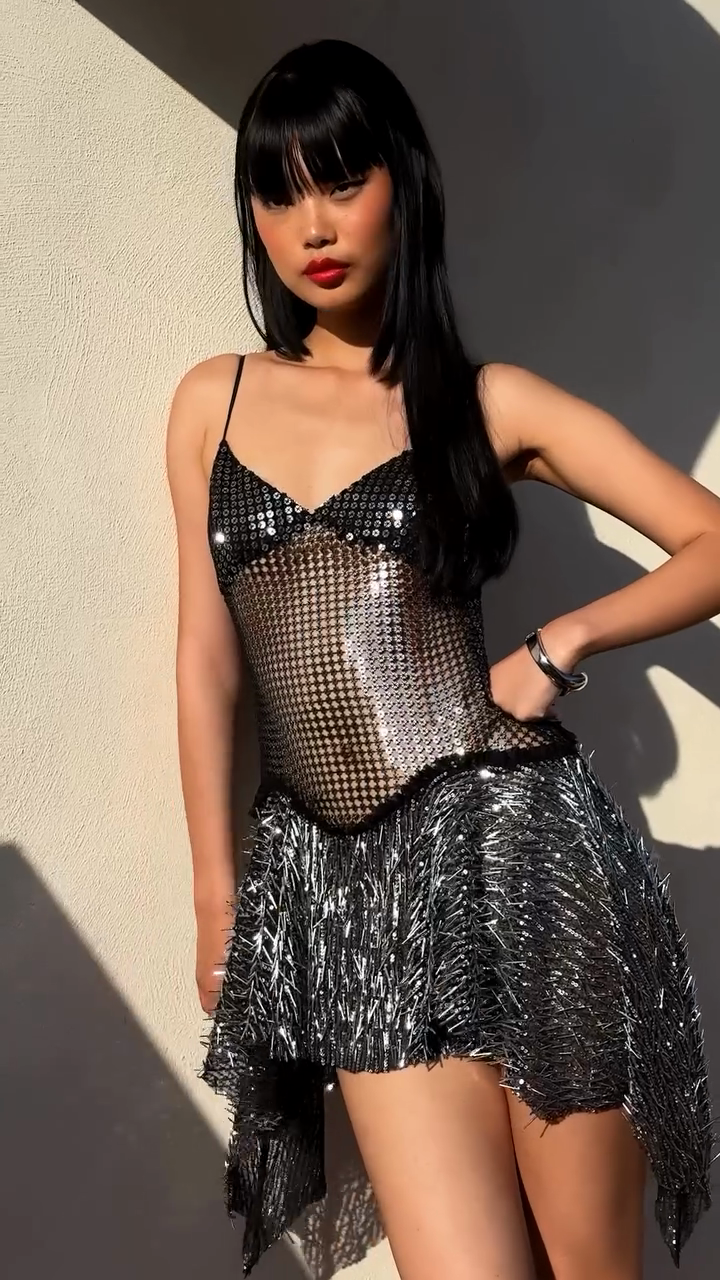 Silver Sequin Mesh Mini Dress