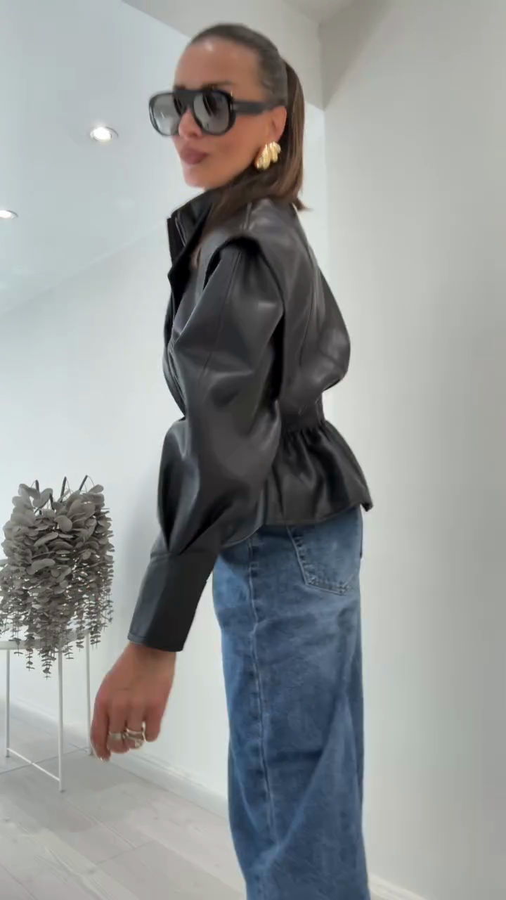 Faux Leather Peplum Jacket with Puff Sleeves