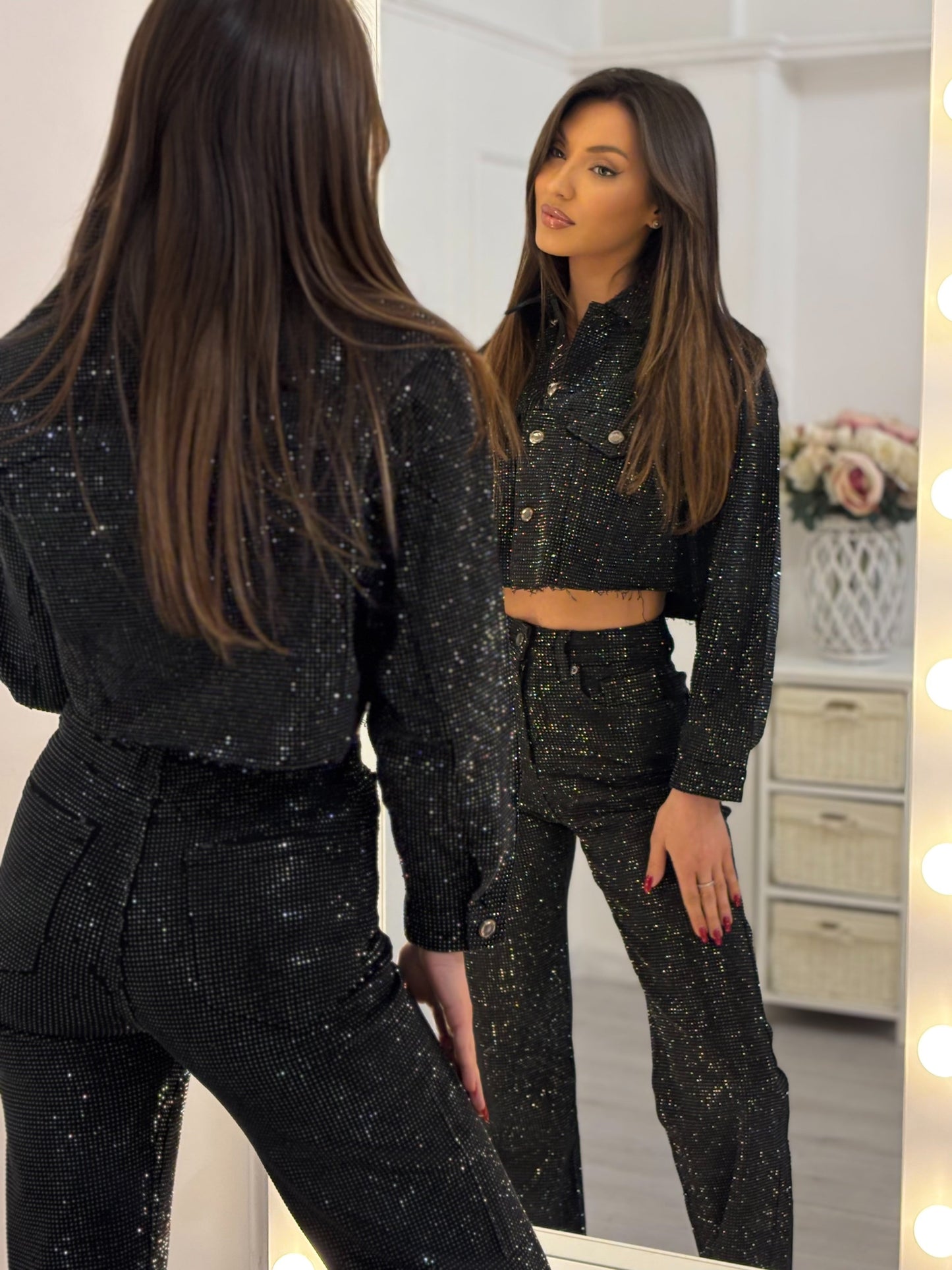 Silver Sequin Denim Crop Jacket & Pants Set