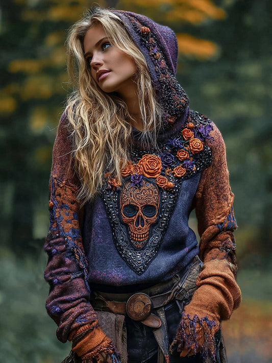 Rose Skull Gothic Color-block Hooded Sweater
