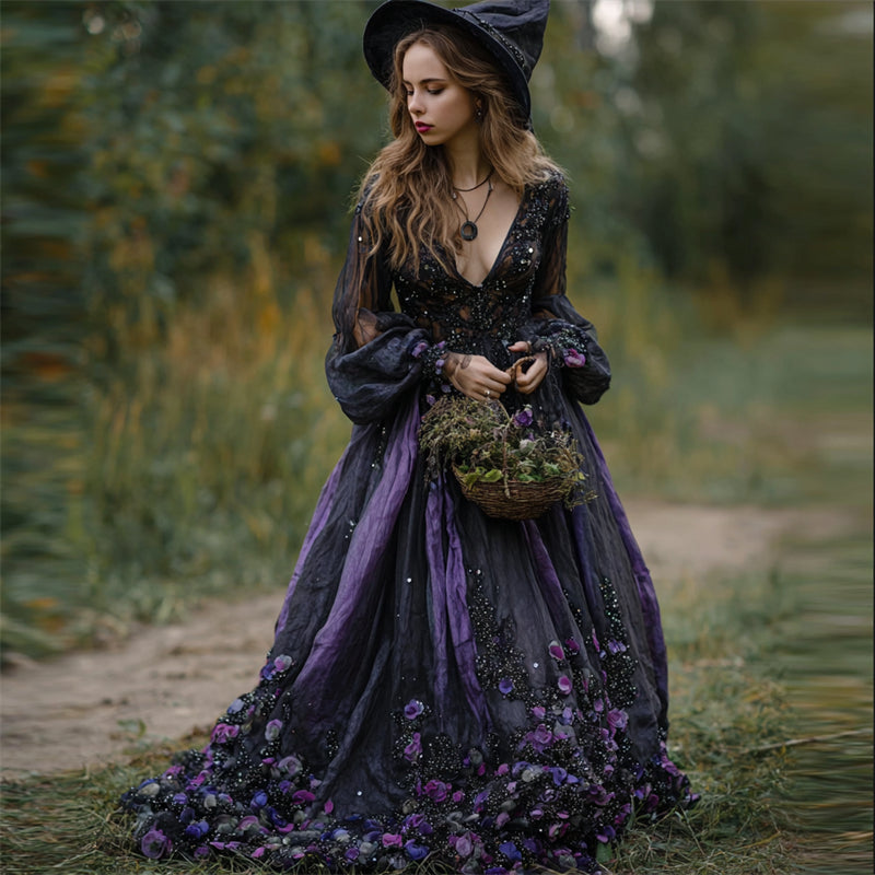 Classy Witch Purple Floral Glitter Embroidered Flowy Linen Dress