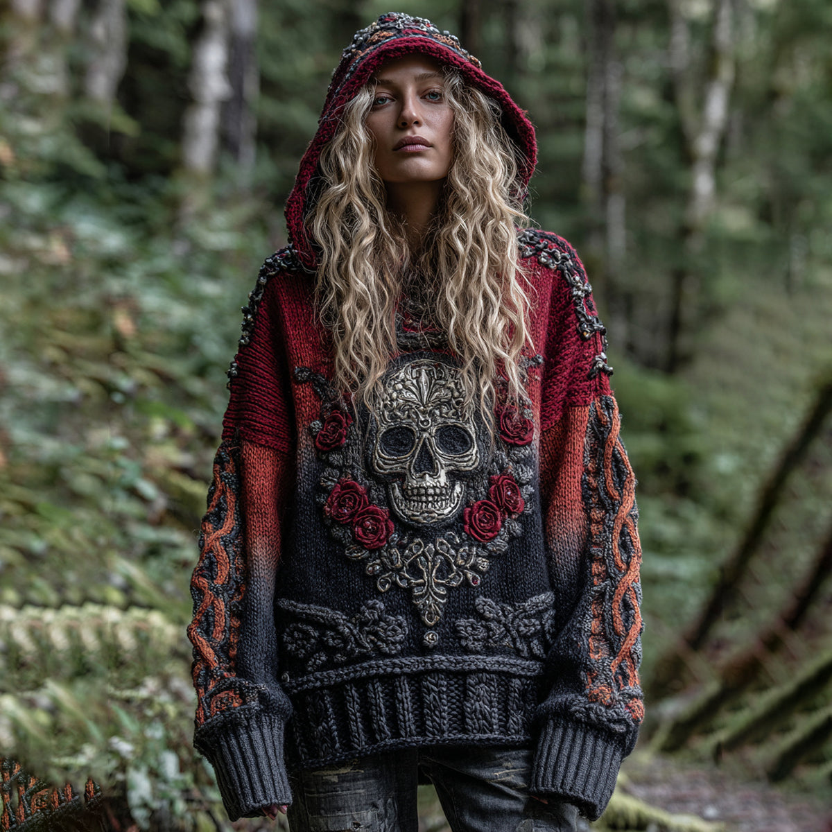 Women's Viking Tribal Jacquard Celtic With Red Rose And Skull Inspired Chunky Knit Hooded Sweater