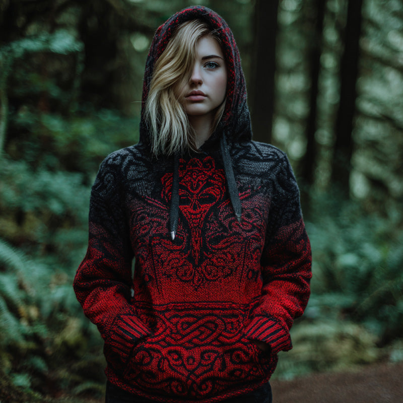 Women's Vintage Viking Tribal Celtic Skull Gradient Art Chunky Knit Hooded Sweater