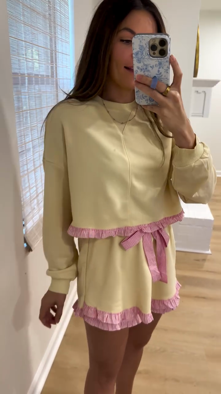 Yellow Sweatshirt and Ruffled Shorts Set