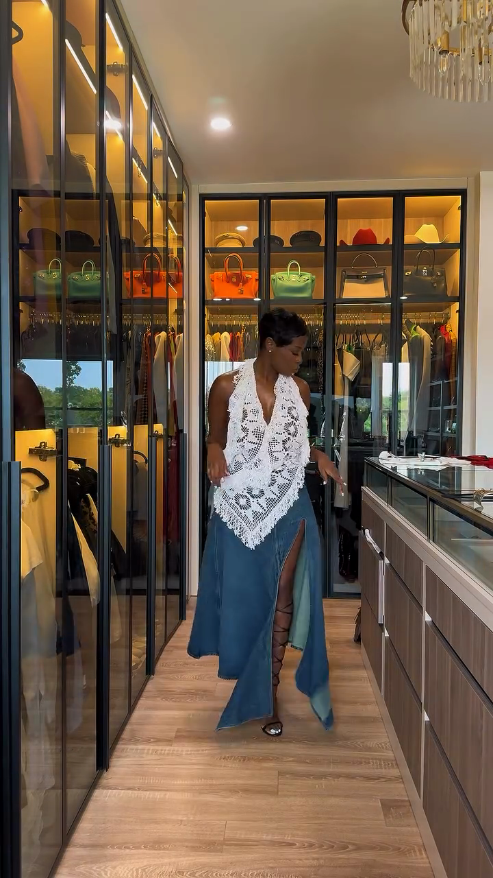 White Crochet Halter Top & Denim Slit Skirt Set