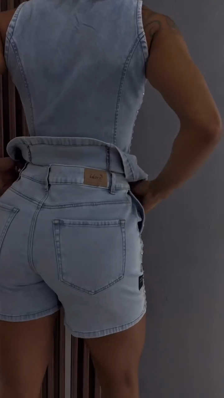 Light Blue Embellished Denim Vest and Shorts Set