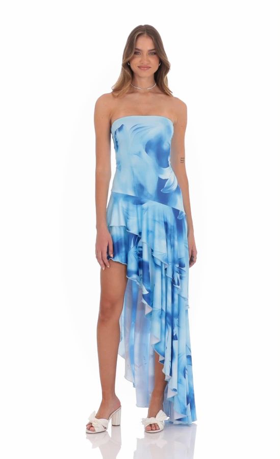 Strapless Ruffle Asymmetrical Maxi Dress