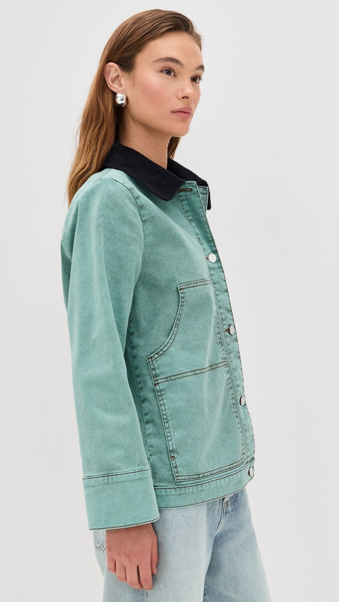 Teal Denim Jacket with Contrast Collar