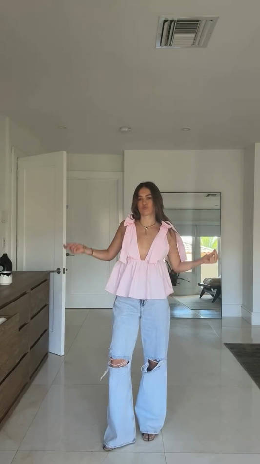 Pink Bow - Strap Peplum Top & Distressed Wide - Leg Jeans Set