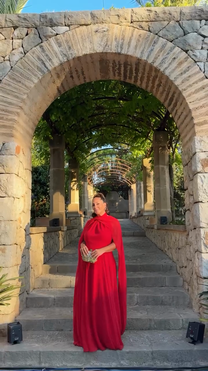 Red Cape - Sleeve Maxi Evening Dress