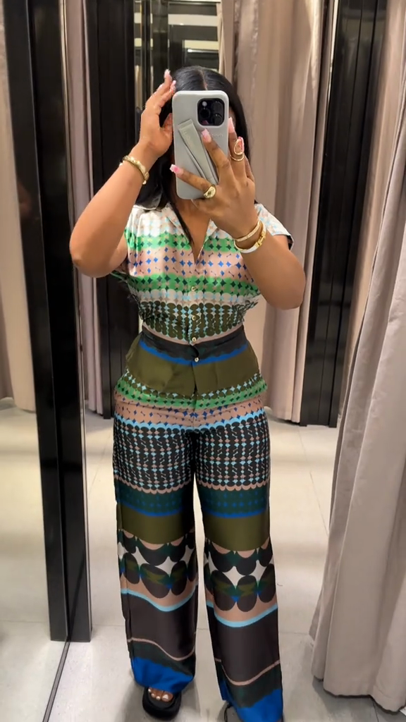 Patterned Short - Sleeve Top and Wide - Leg Pants Set