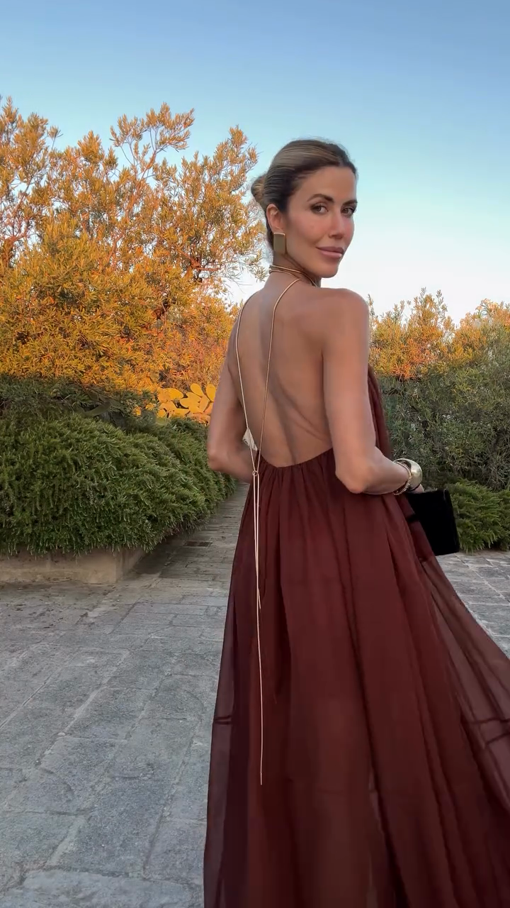 Burgundy Halter V - neck Chiffon Maxi Dress