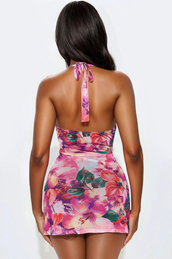 Pink Floral - Print Halter Mini Dress with Side Slits