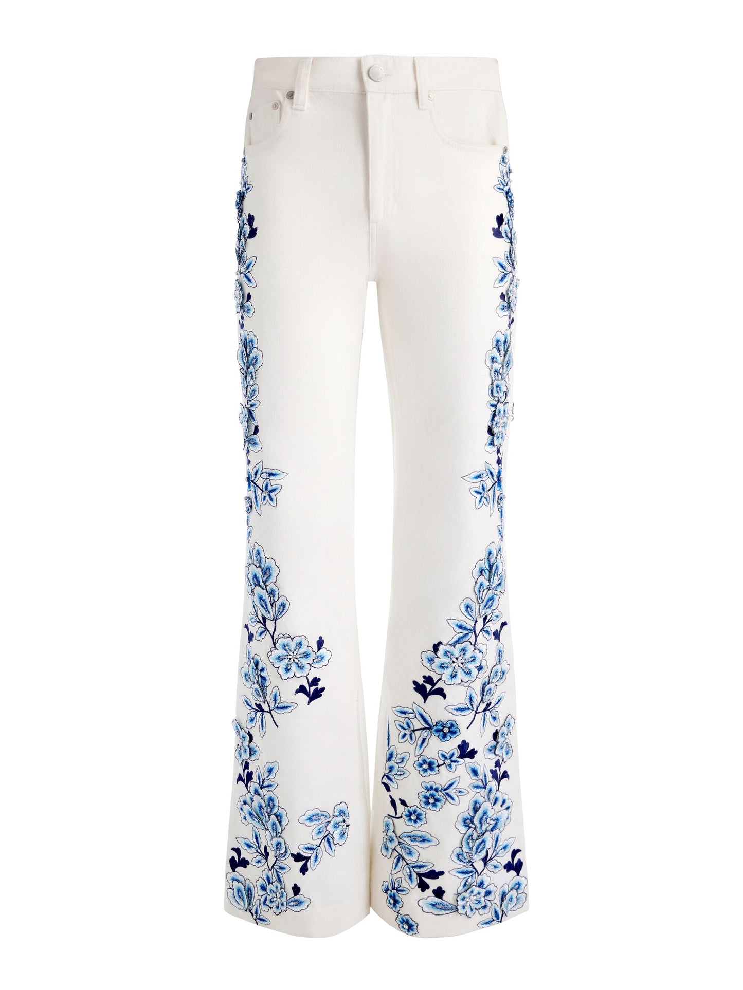 White Flared Jeans with Blue Floral Embroidery