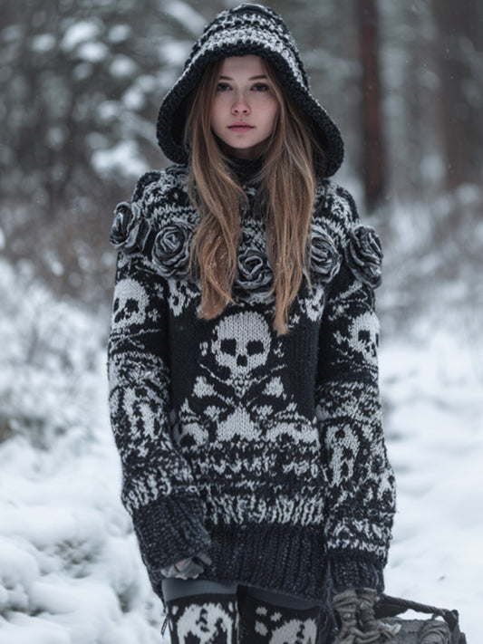 Women's Vintage Skull Black And White Rose Thick Needle Casual Warm Hooded Sweater
