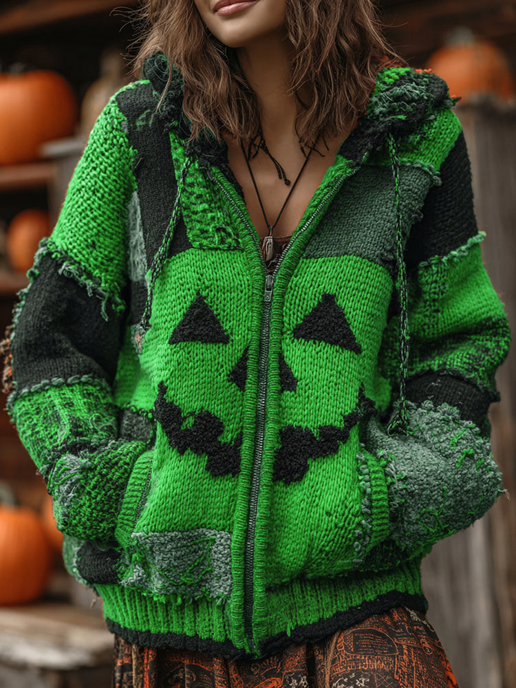Patchwork Halloween Pumpkin Face Art  Cozy Knit Hooded Cardigan