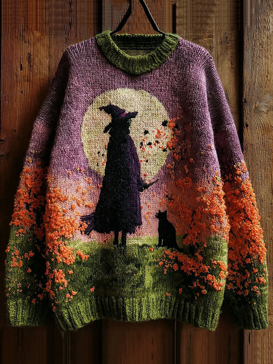 Halloween Witch And Black Cat Pattern Knitted Warm Sweater