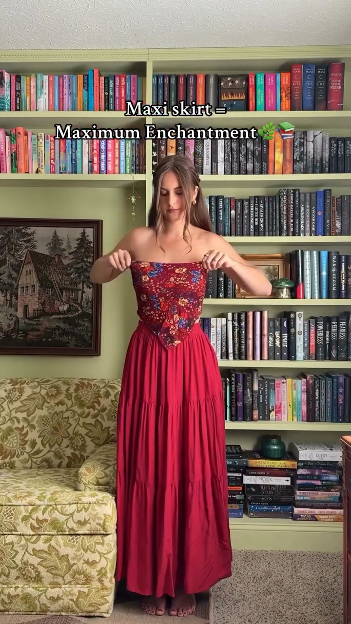 Red Boho - style Crop Top and Maxi Skirt Set