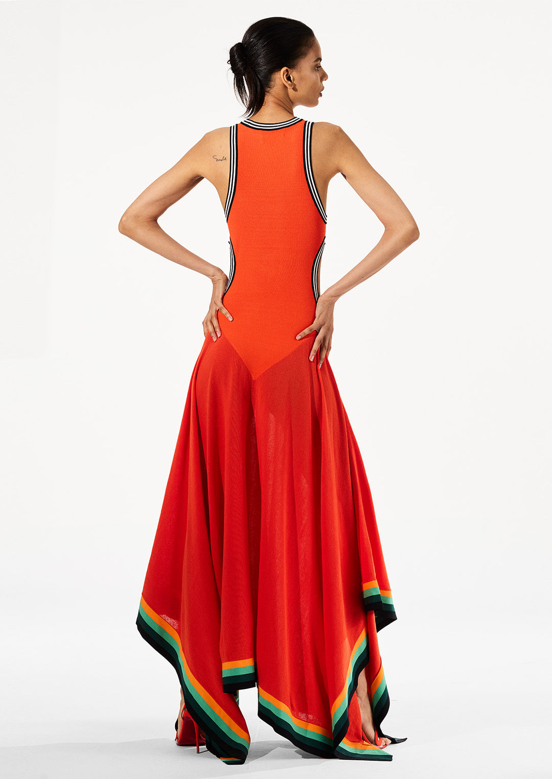 Orange Sleeveless Maxi Dress with Color  Block Trim