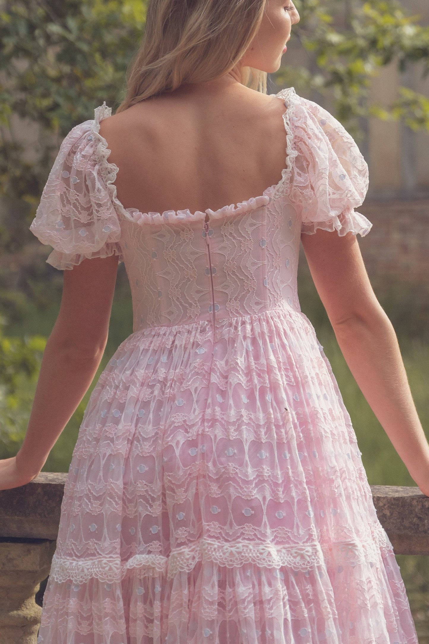 Pink Puff Sleeve Lace Layered Maxi Dress