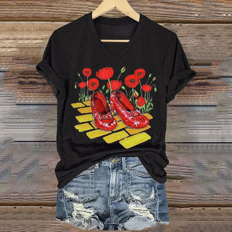 Classic Ruby Red Shoes Floral Painting V-Neck T-Shirt