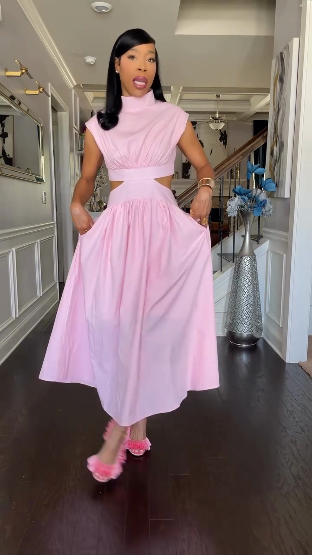 Pink Mock - Neck Cutout Midi Dress