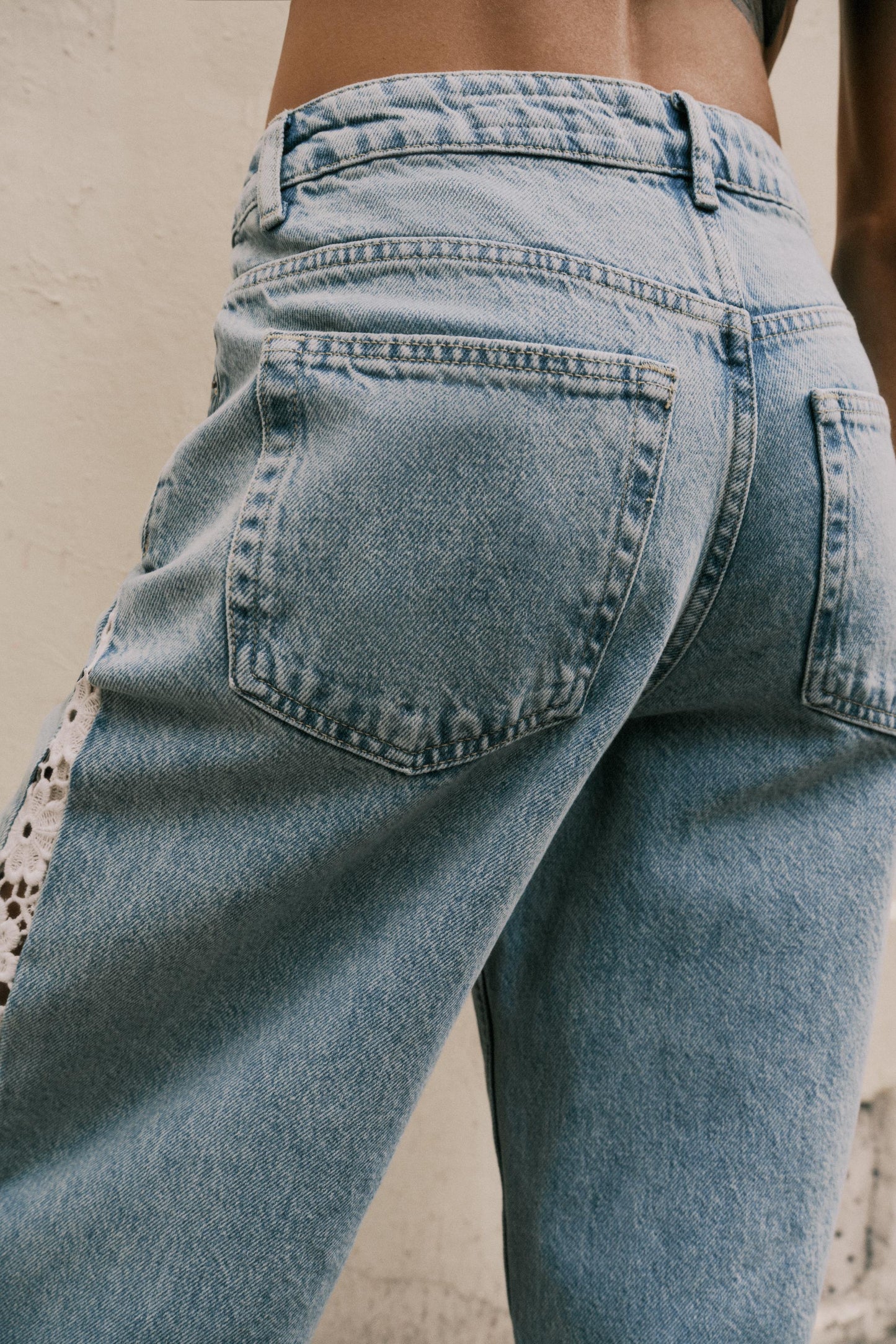 Light Blue Wide - Leg Jeans with Lace Trim