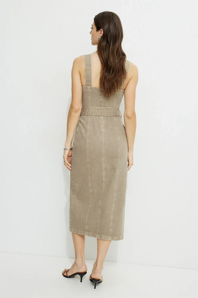 Olive Green Linen Draped - Neck Dress