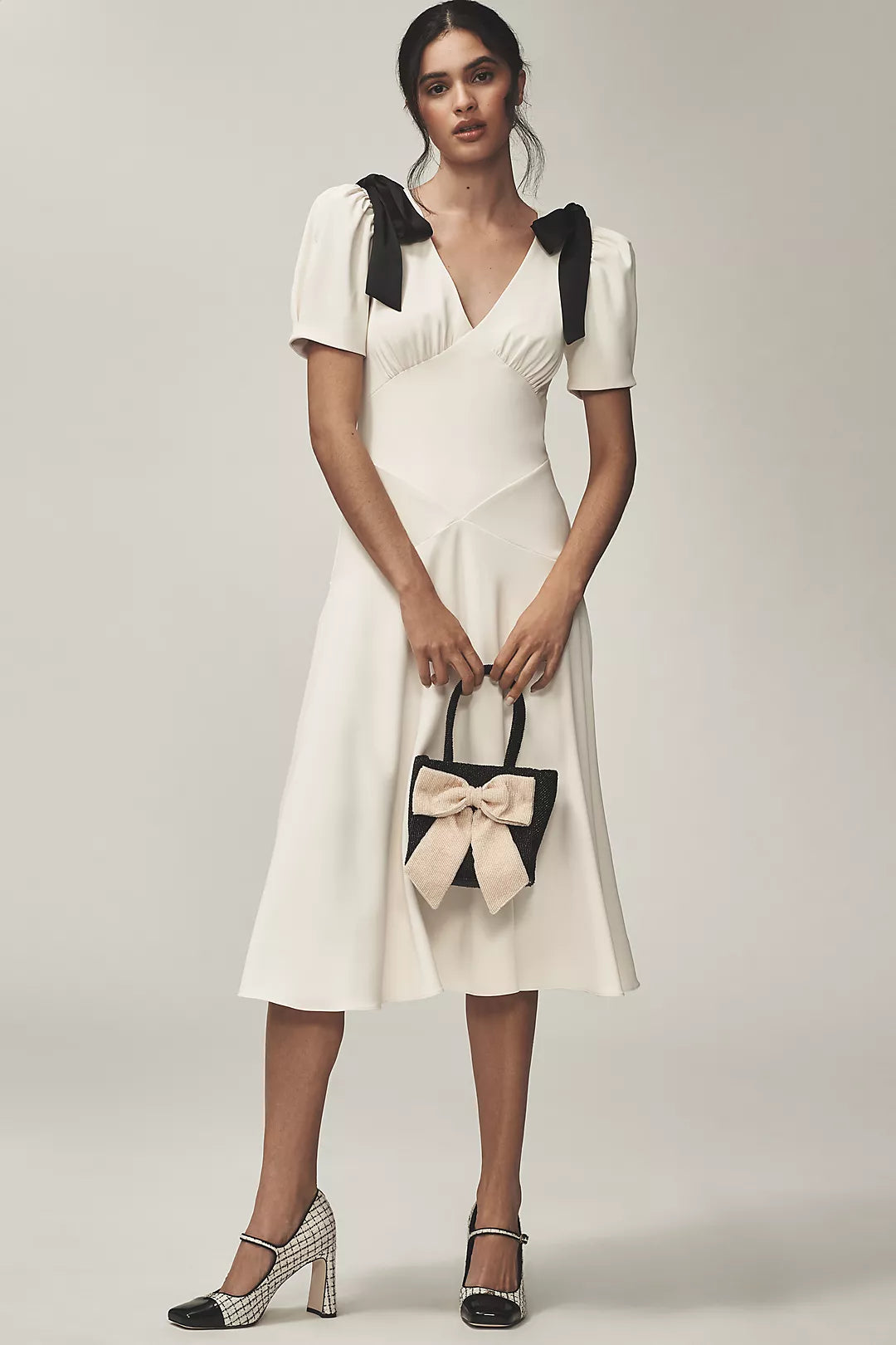 White Puff-Sleeve V-Neck Midi Dress
