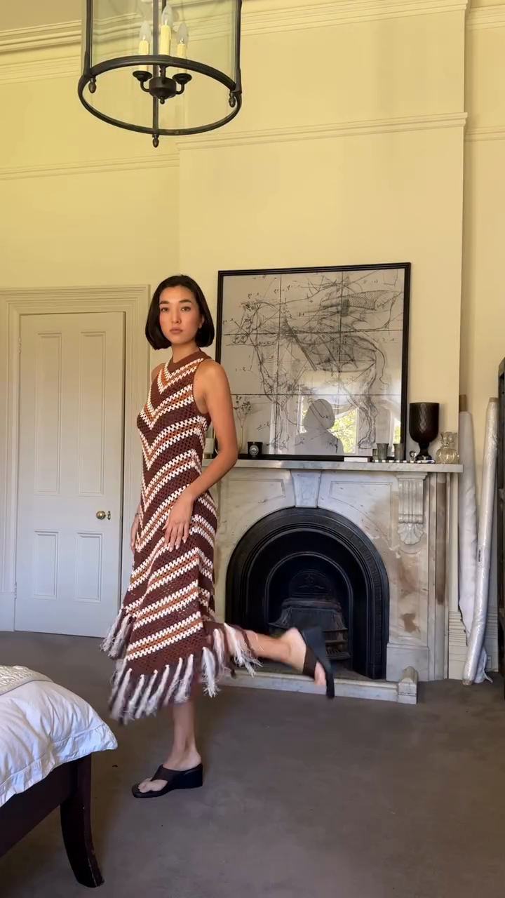Brown and White Crochet Sleeveless Fringe Midi Dress
