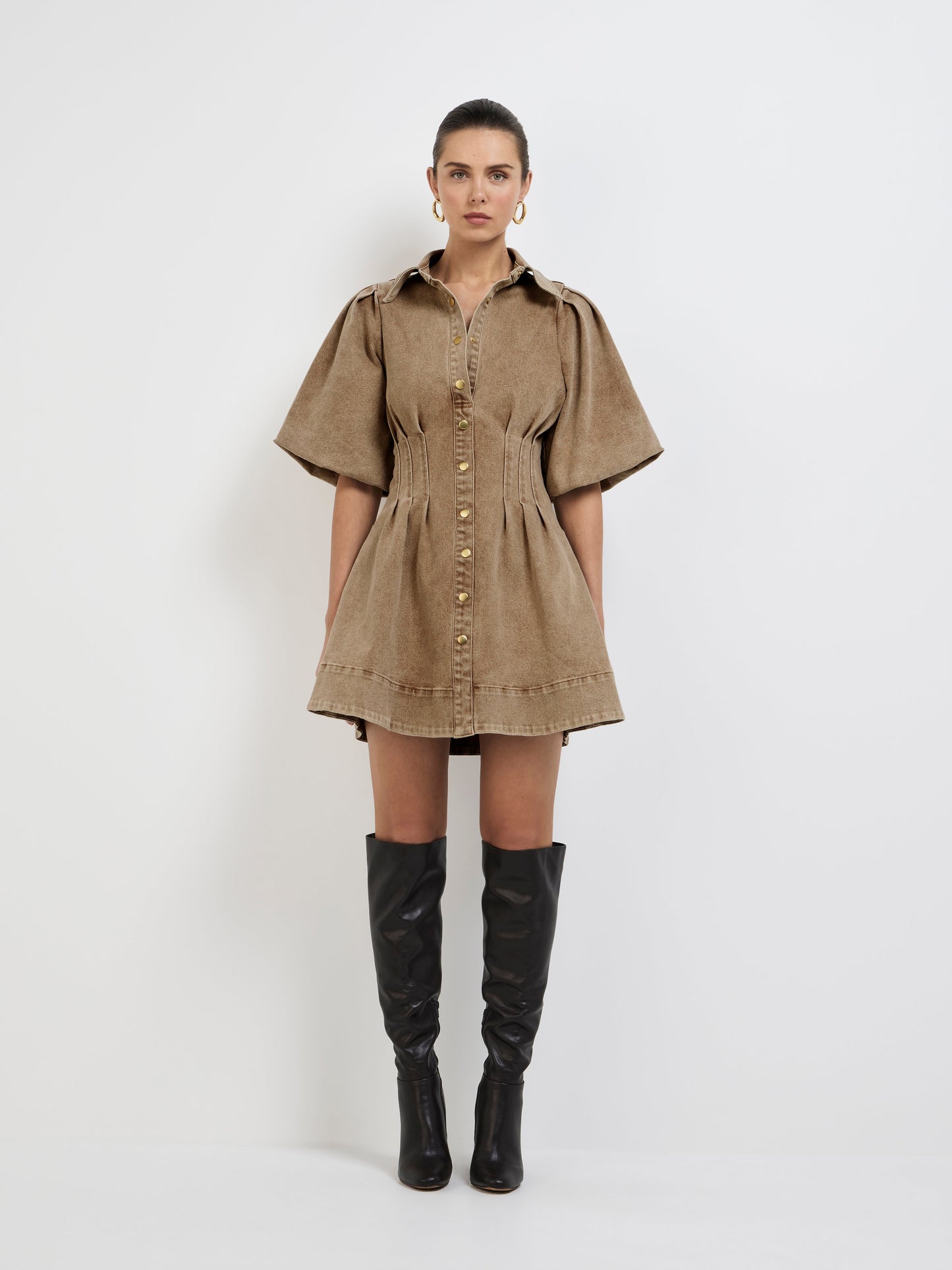 Brown Denim Button - Down Mini Dress
