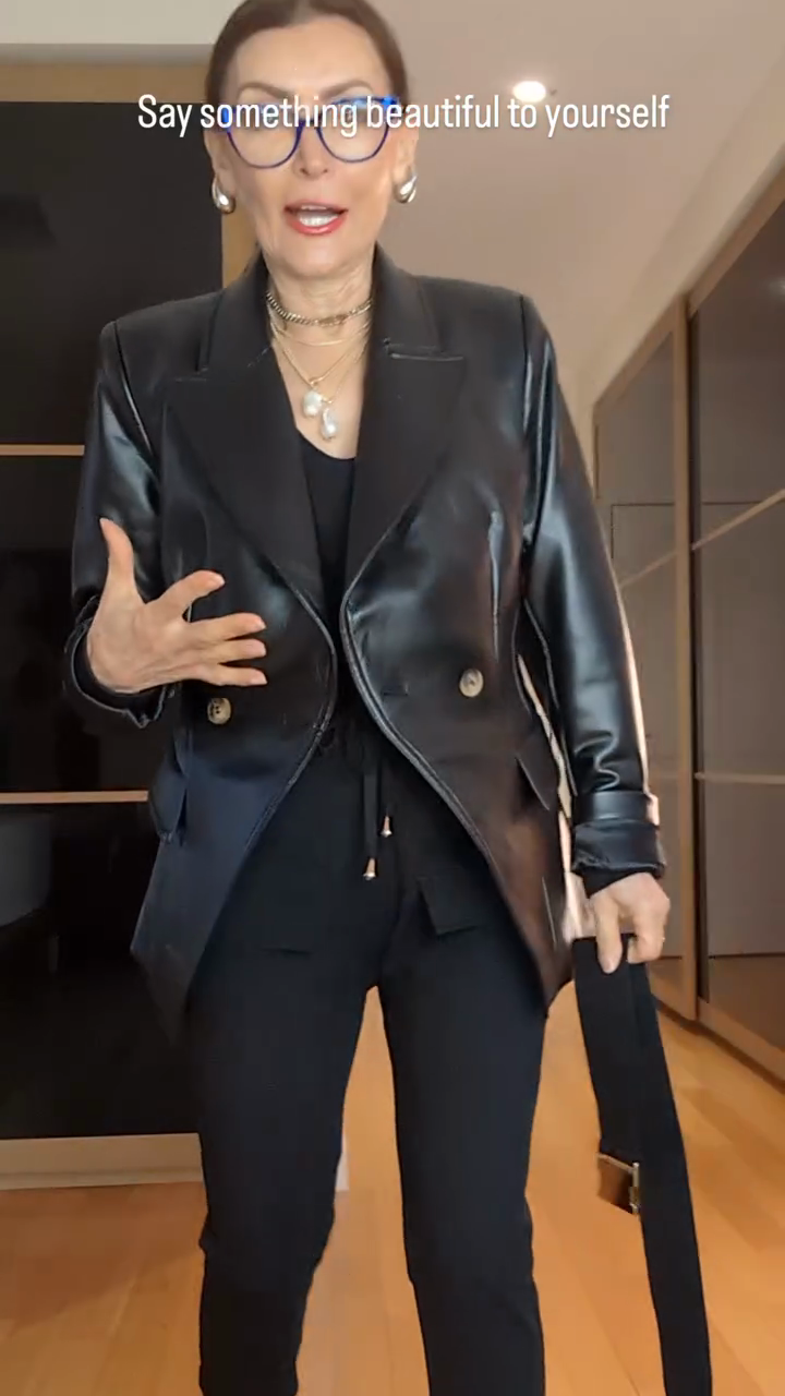 Black Leather Double - Breasted Blazer