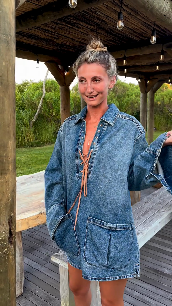 Denim Lace - Up Shirt Dress