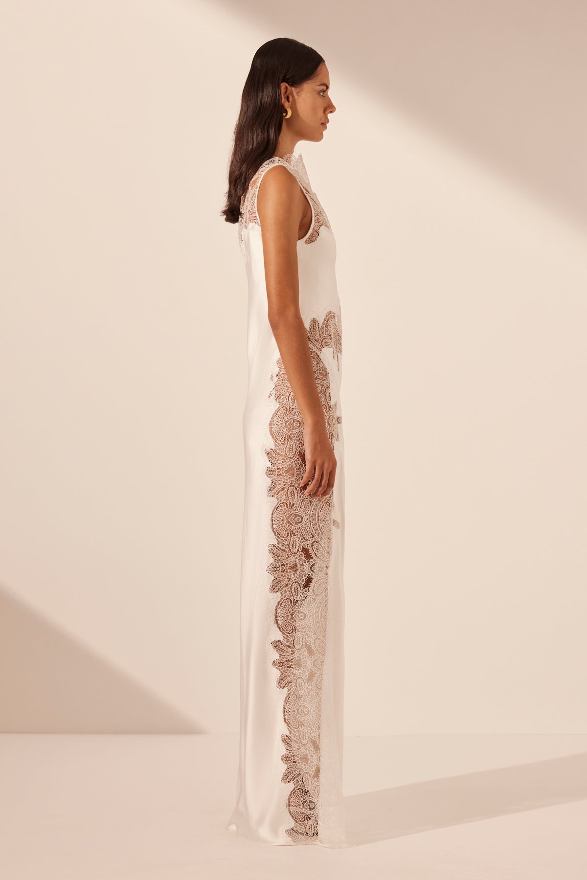 Satin Maxi Dress with Lace Appliqués