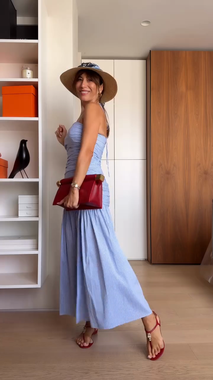 Blue Striped Halter Neck Maxi Dress with Side Slit