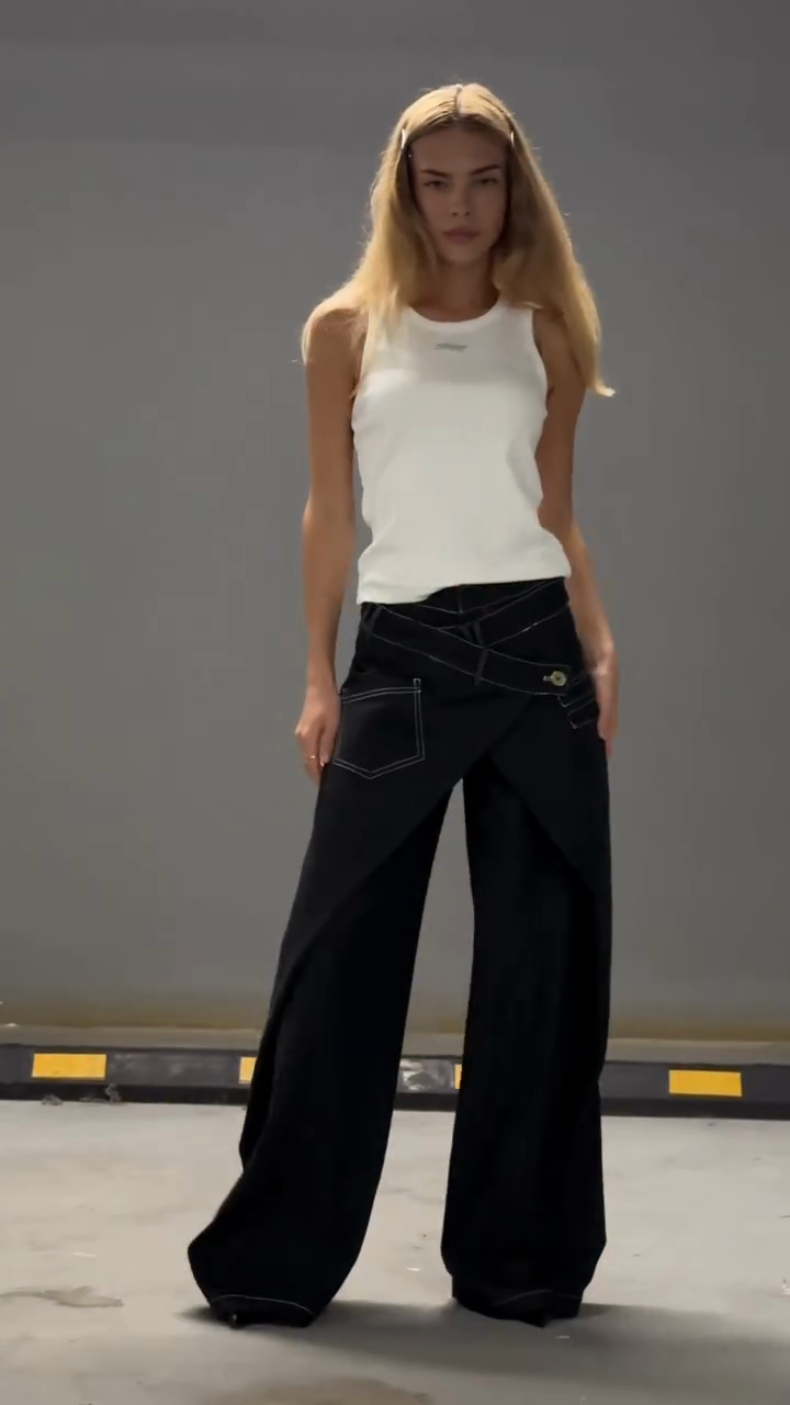 Black Wide - leg Pants with White Stitching Detail