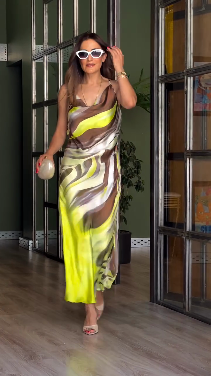 Printed Satin Cowl Neck Maxi Dress