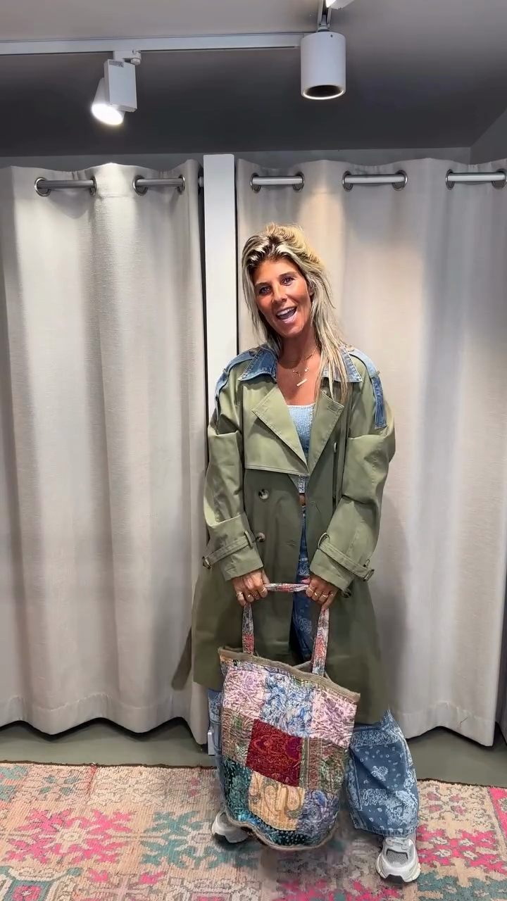 Olive Green Trench Coat with Denim Accents