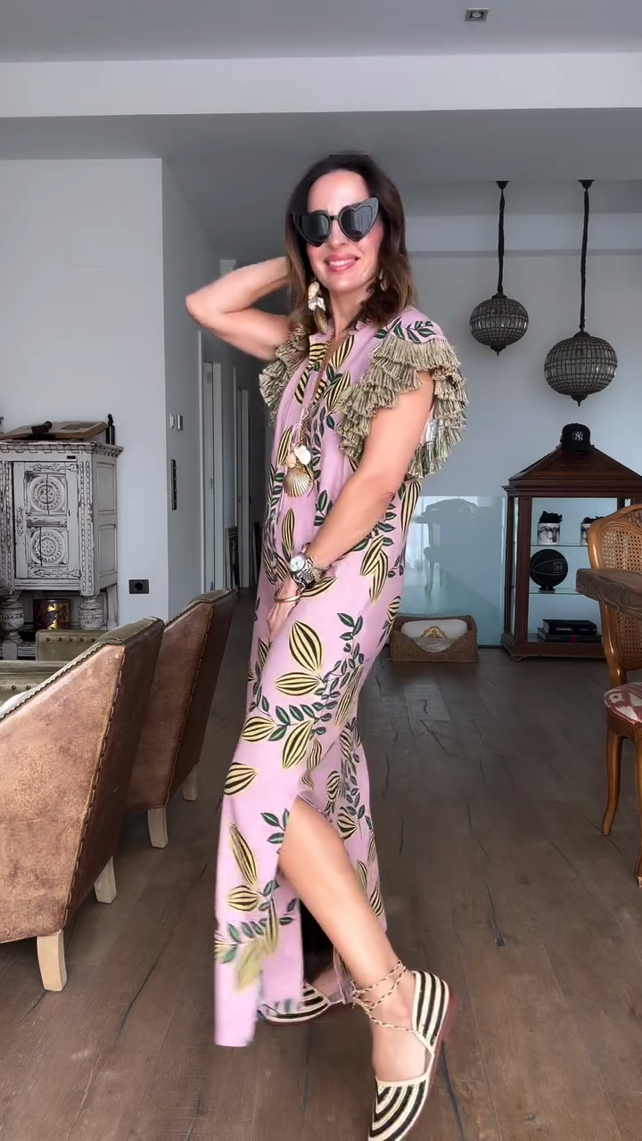 Pink Leaf Print Tassel Maxi Dress