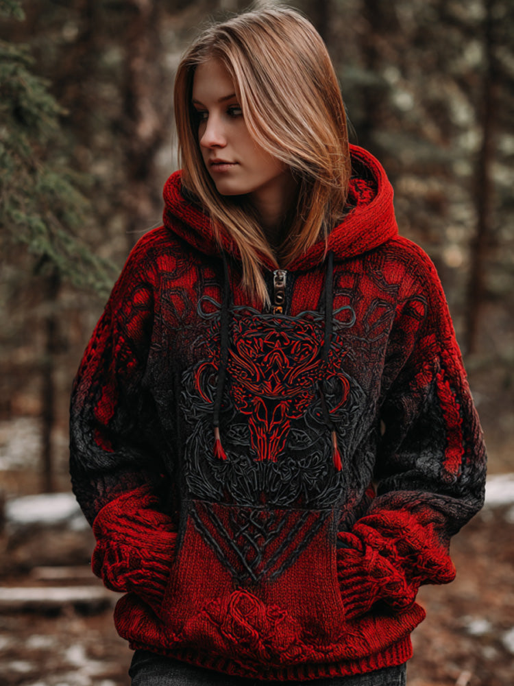Women's Vintage Viking Tribal Celtic Skull Gradient Art Chunky Knit Hooded Sweater