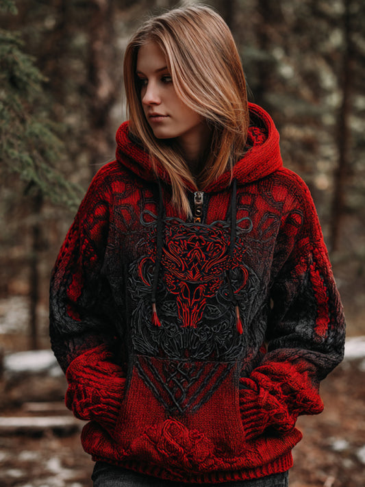 Women's Vintage Viking Tribal Celtic Skull Gradient Art Chunky Knit Hooded Sweater