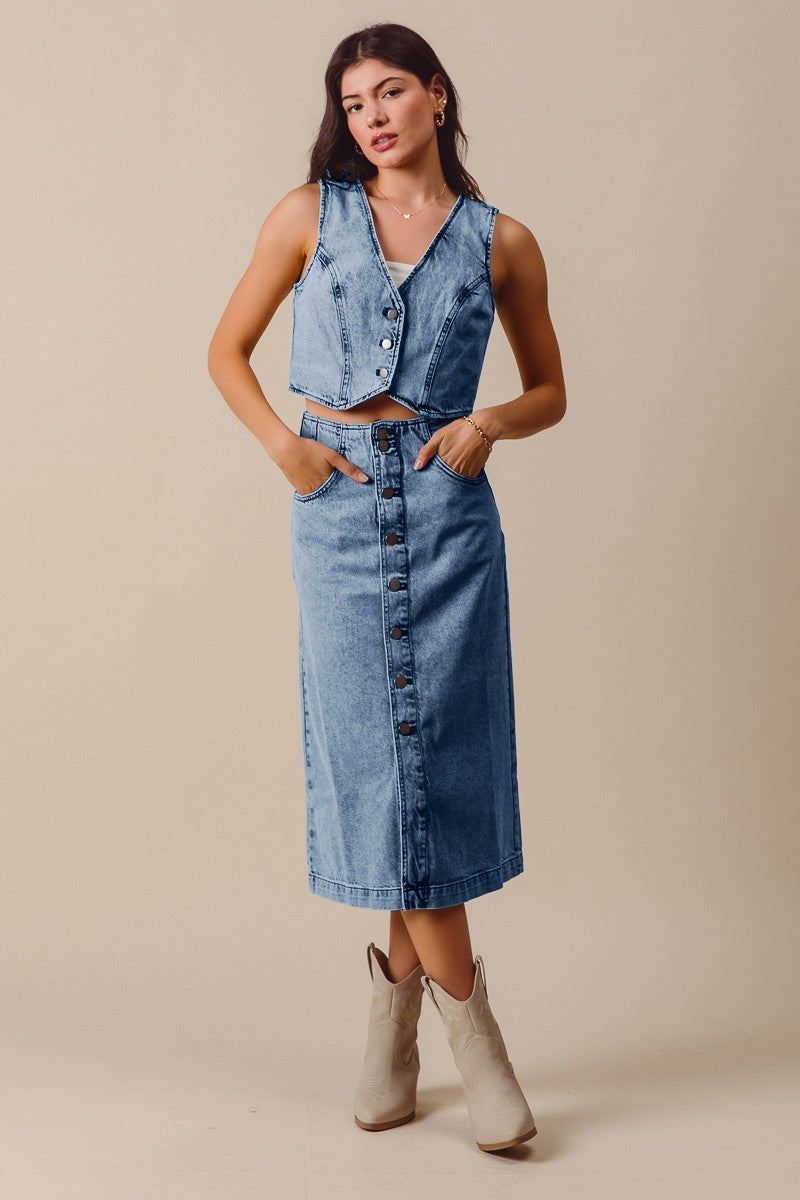 Denim Crop Vest and Midi Skirt Set