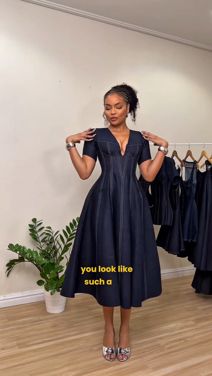 Navy Blue V - neck Midi Dress with Topstitching Details