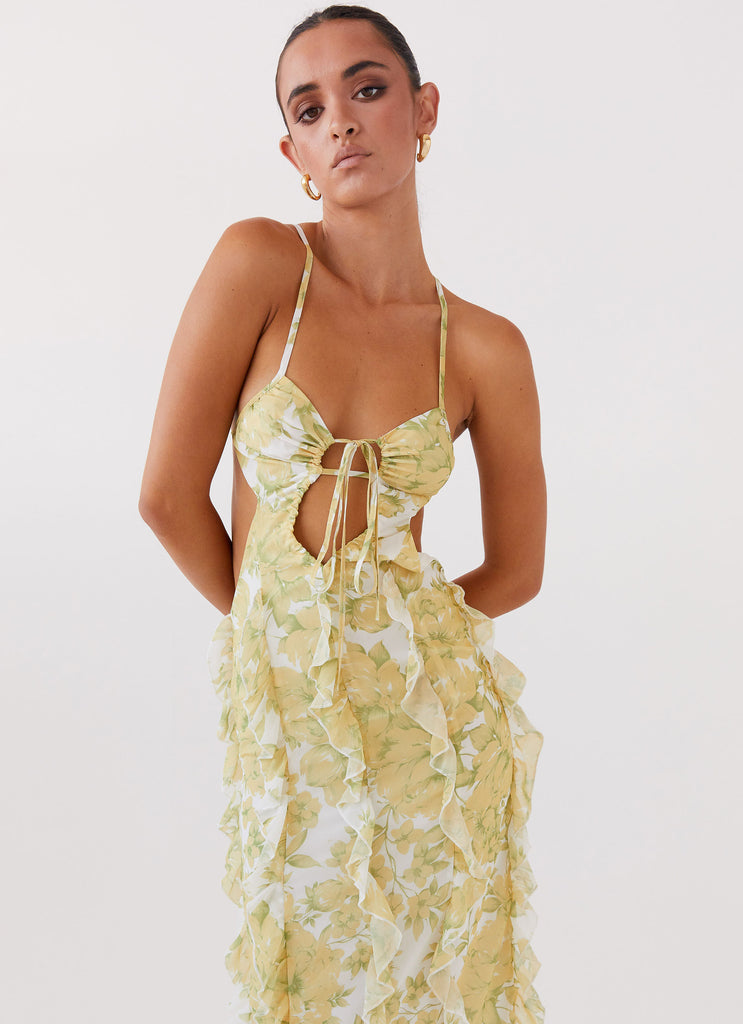 Yellow Floral Halter Neck Cut - Out Maxi Dress