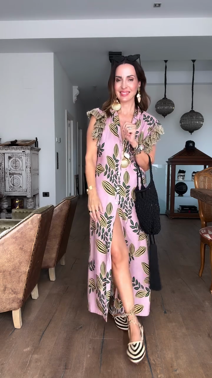 Pink Leaf Print Tassel Maxi Dress